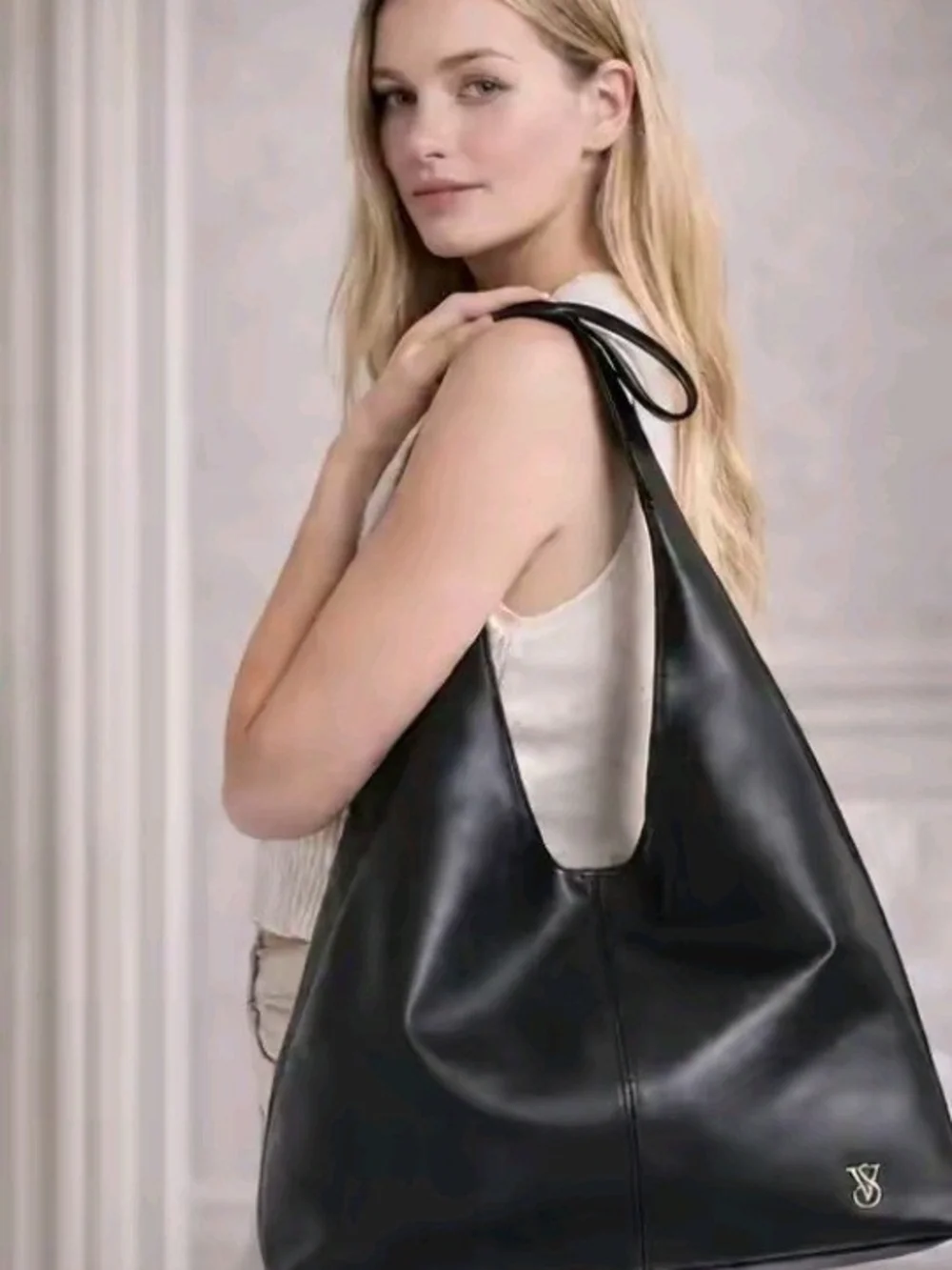 Victoria's Secret Black Leather Hobo Shoulder Bag with Metal Logo
